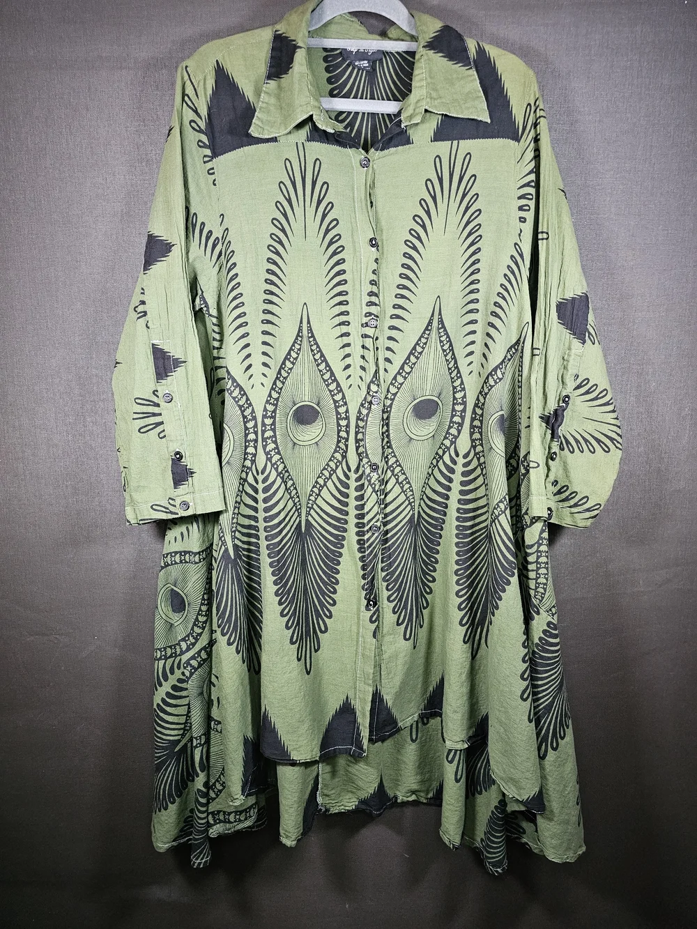 Asymmetrical Button-Front Dress in Olive Green with Black Print